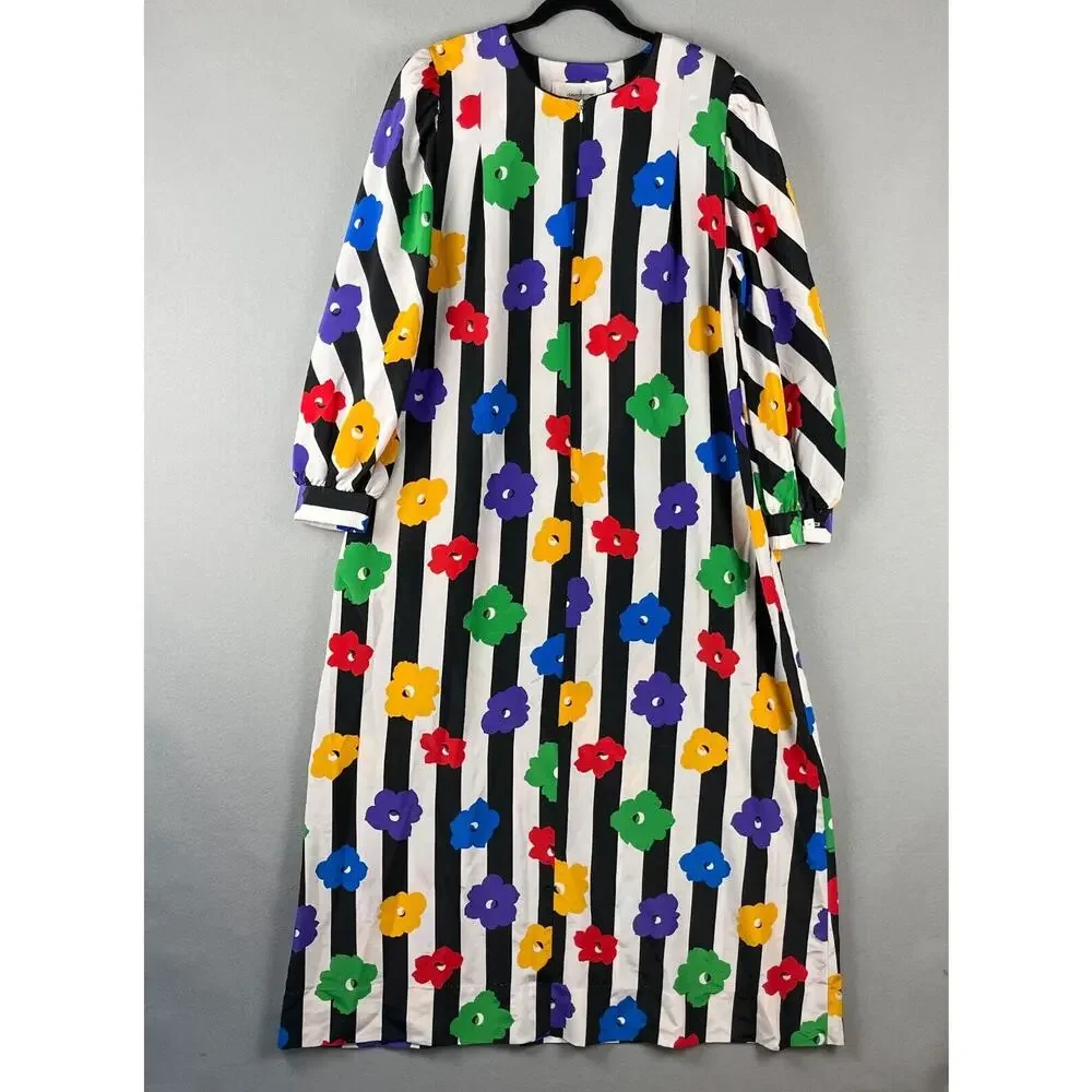Vintage David Brown Saks Fifth Ave House Dress Womens Large Floral Stripe Artsy - Picture 1 of 16